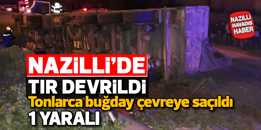 Nazilli'de buğday yüklü tır devrildi; 1 yaralı