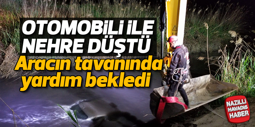 Nehre düşen otomobilin tavanına çıkarak yardım bekledi