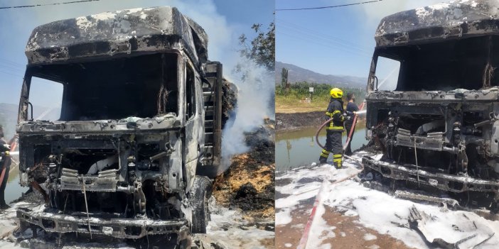 Sultanhisar’da saman yüklü tır alev alev yandı