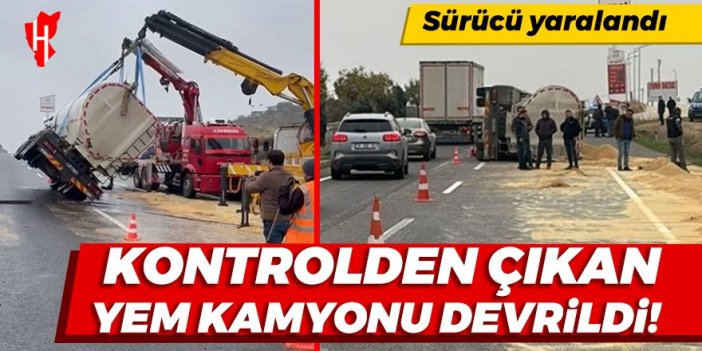 Kontrolden çıkan yem kamyonu devrildi: Sürücü yaralandı