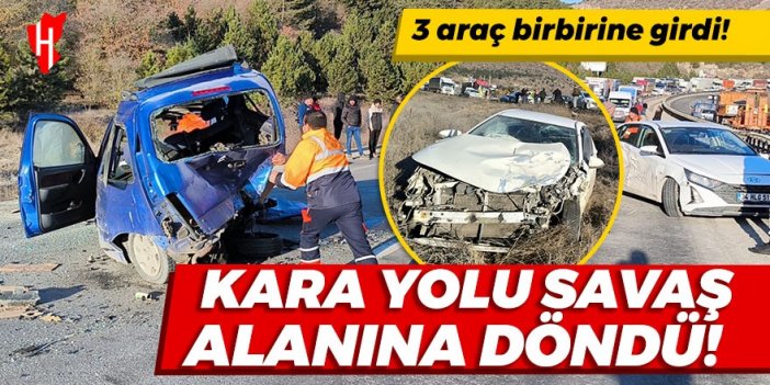 Kara yolu savaş alanına döndü! 3 araç birbirine girdi