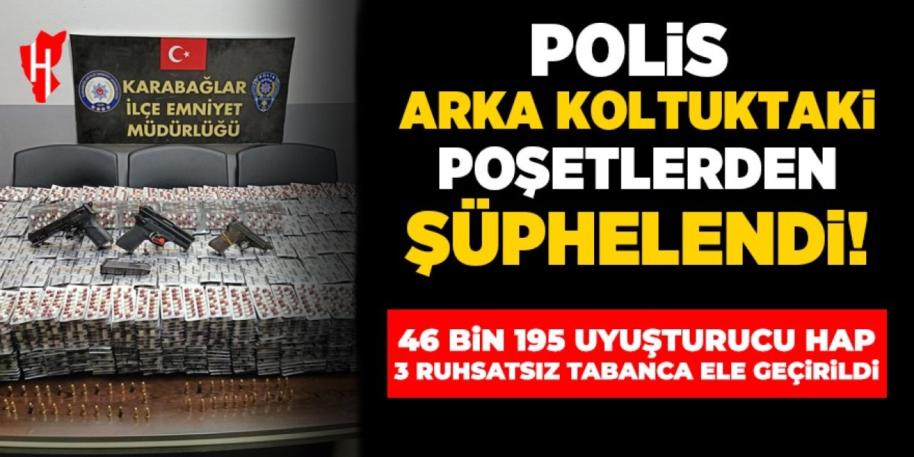 Polis arka koltuktaki poşetlerden şüphelendi: 46 bin 195 uyuşturucu hap ve 3 ruhsatsız tabanca ele geçirildi