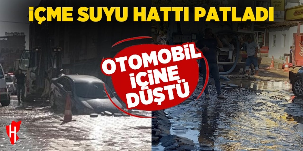 Aydın'da içme suyu hattı patladı, otomobil içine düştü