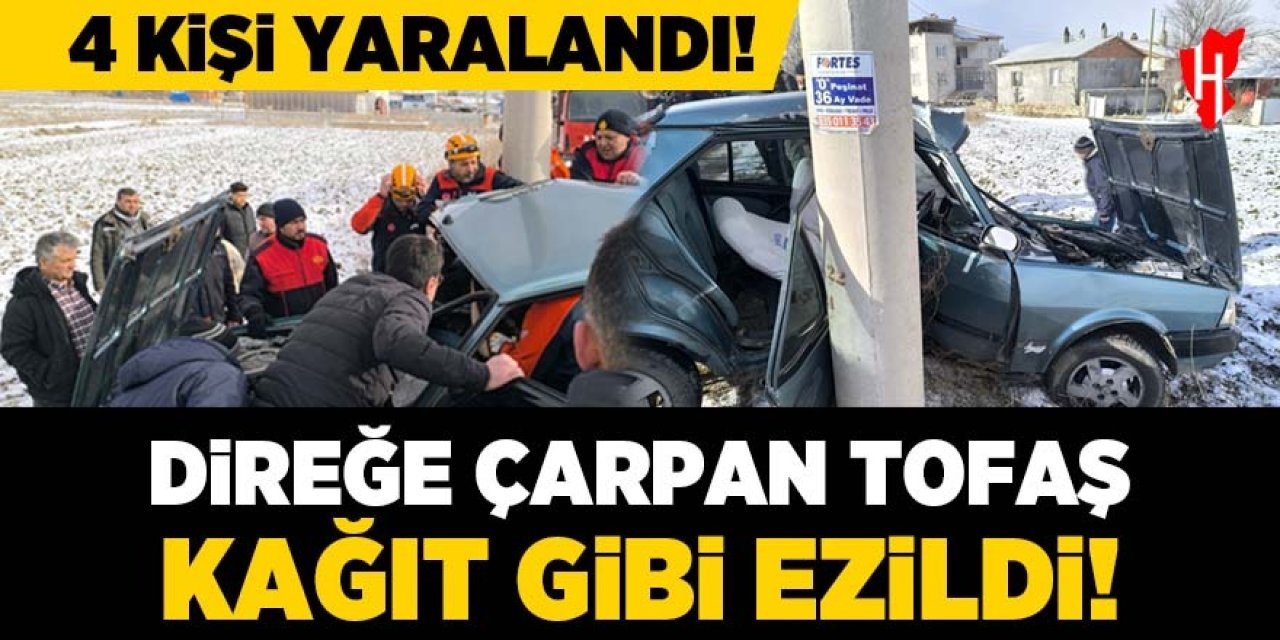 Direğe çarpan Tofaş kağıt gibi ezildi: 4 yaralı!