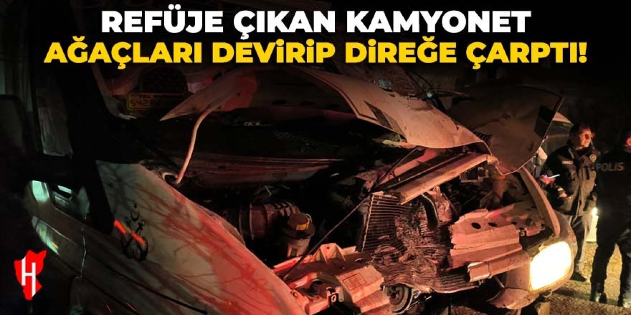 Refüje çıkan kamyonet ağaçları devirip direğe çarparak durabildi!