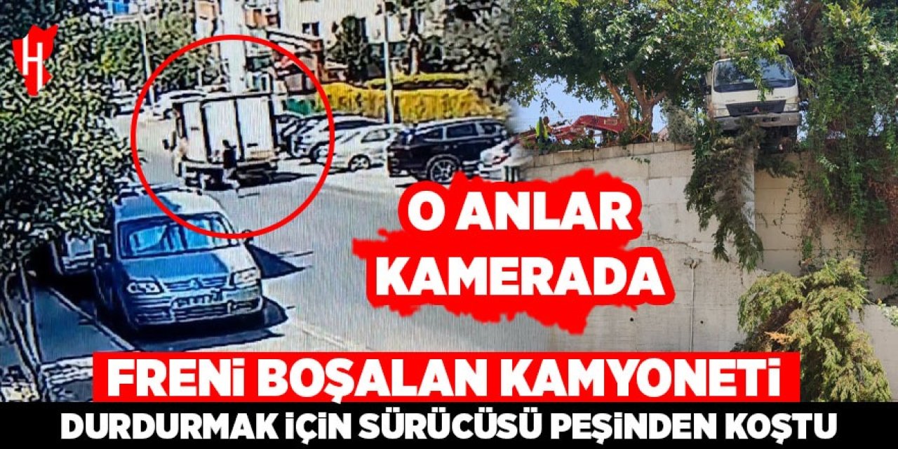 Freni boşalan kamyoneti durdurmak için sürücüsünün peşinden koştuğu anlar kamerada