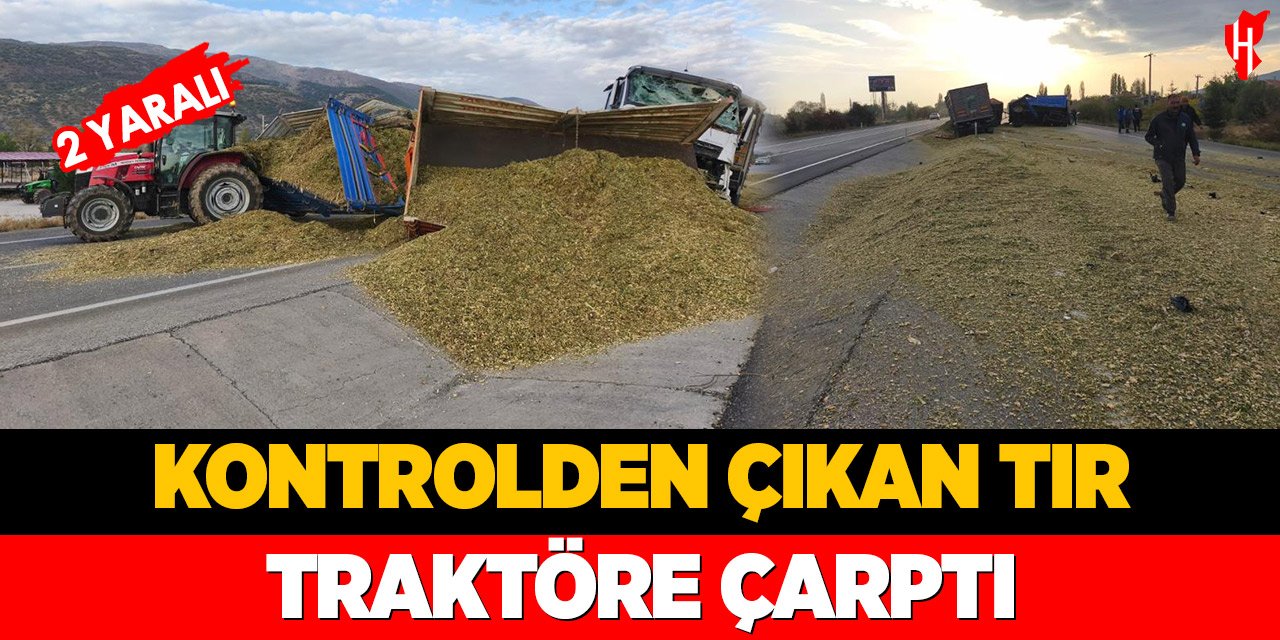 Kontrolden çıkan tır traktöre çarptı: 2 yaralı