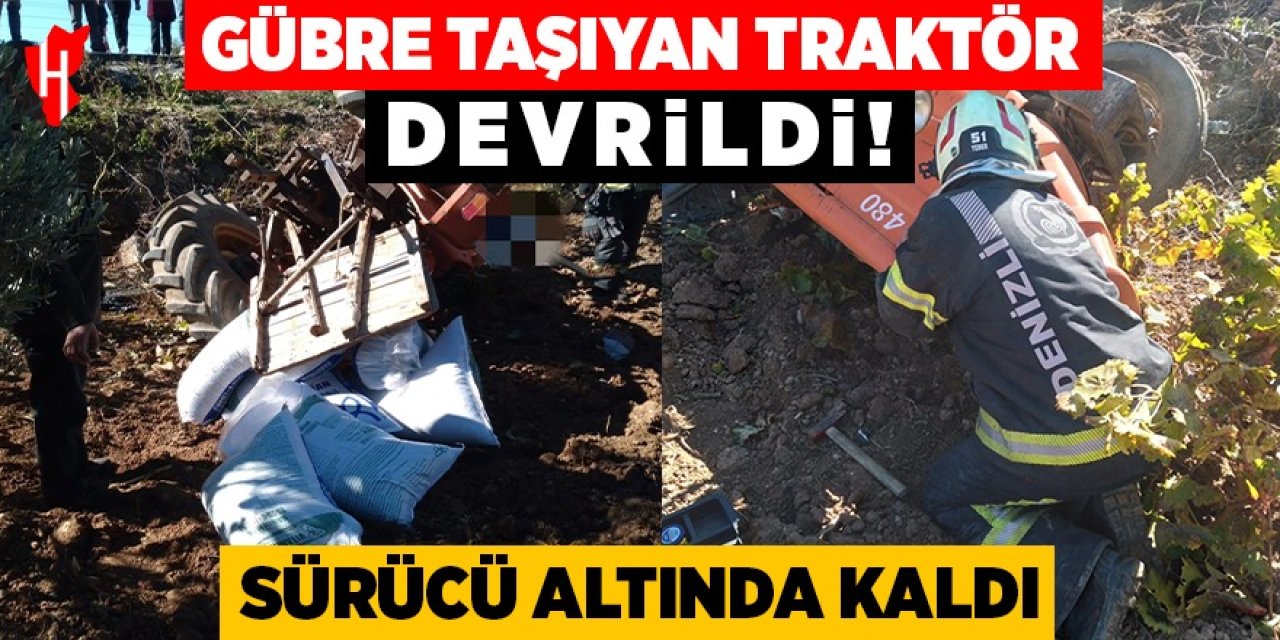 Gübre taşıyan traktör devrildi: Sürücü altında kaldı