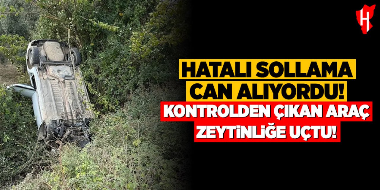 Hatalı sollama faciaya yol açıyordu: Sürücü zeytinliğe uçtu, ölümden döndü