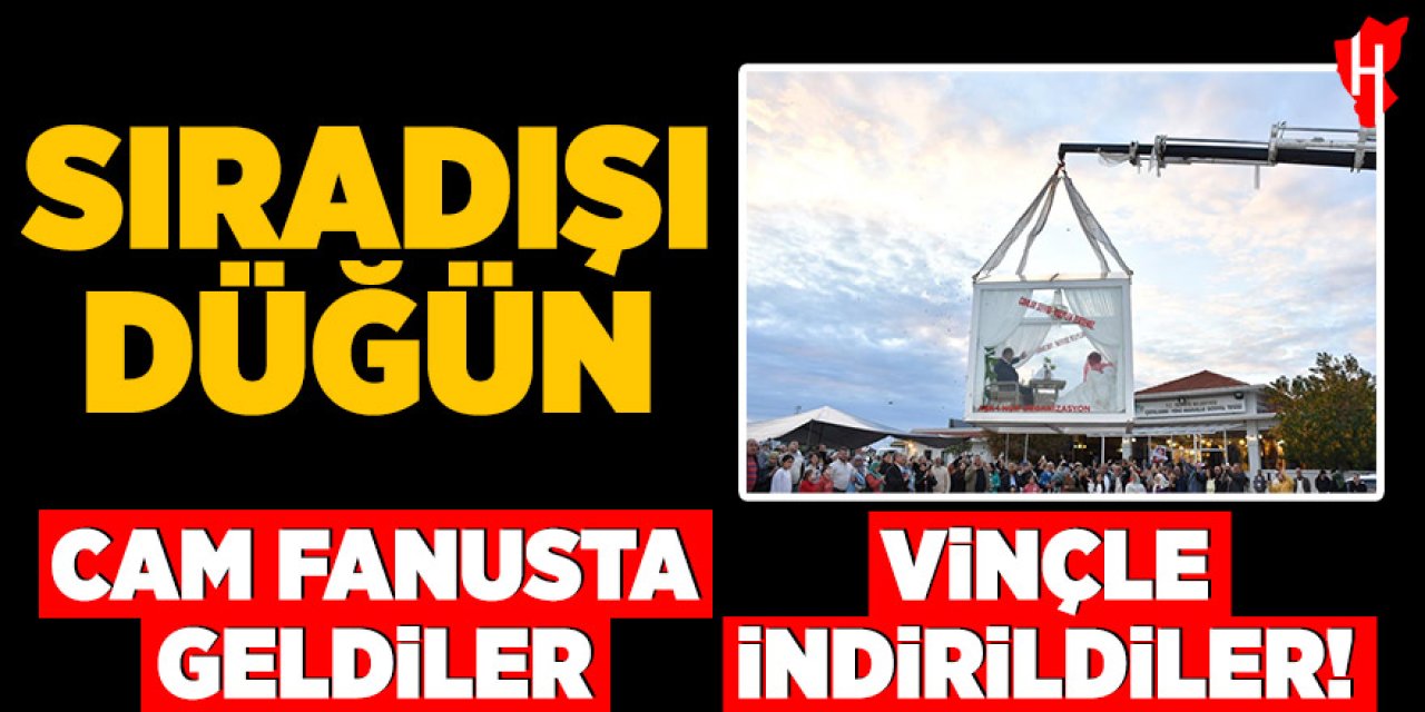 Sıradışı düğün: Cam fanusta geldiler, vinçle indiler
