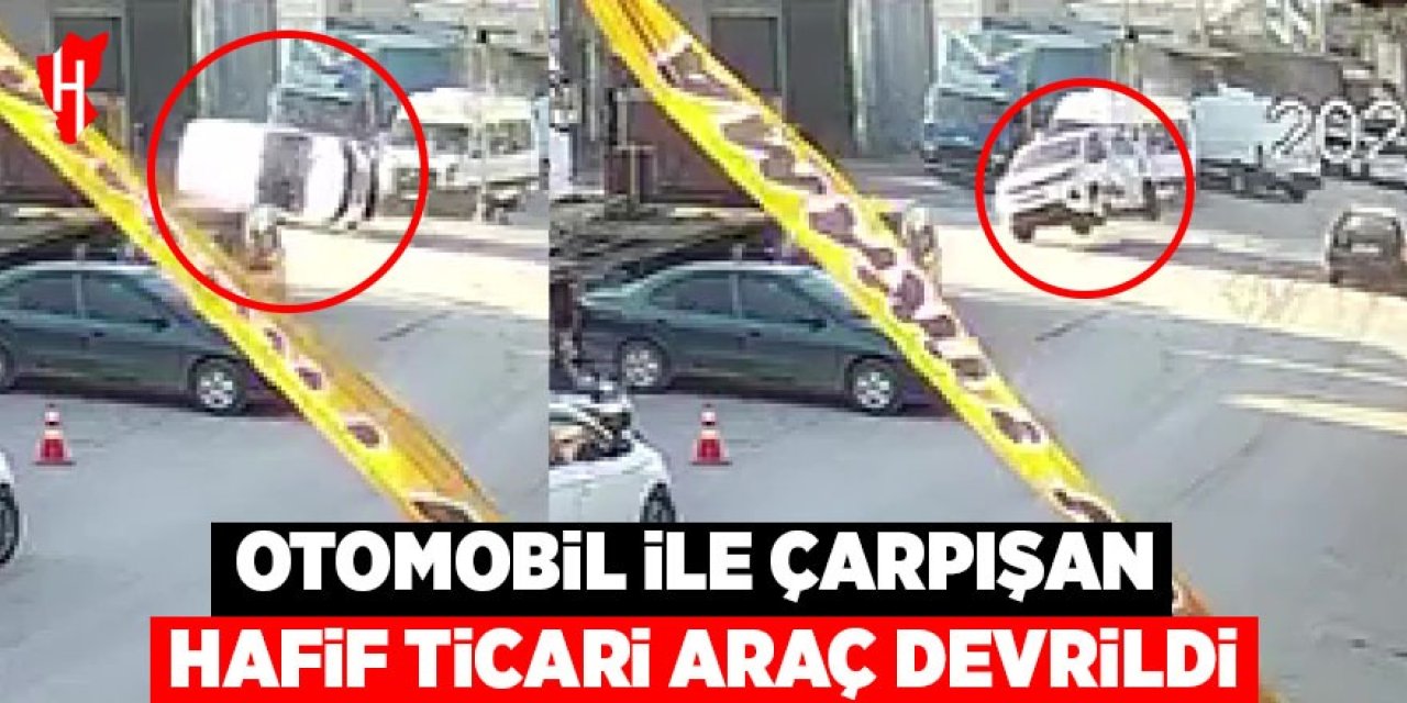 Otomobille çarpışan hafif ticari araç devrildi