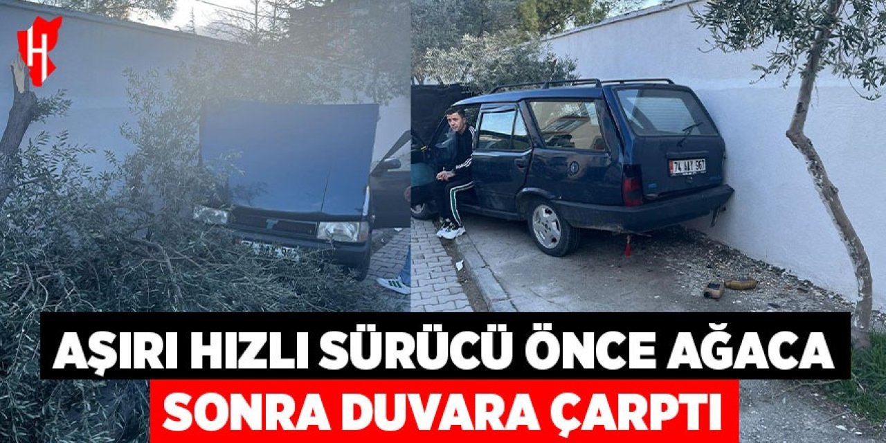 Süratli otomobil önce ağaca sonra duvara çarptı