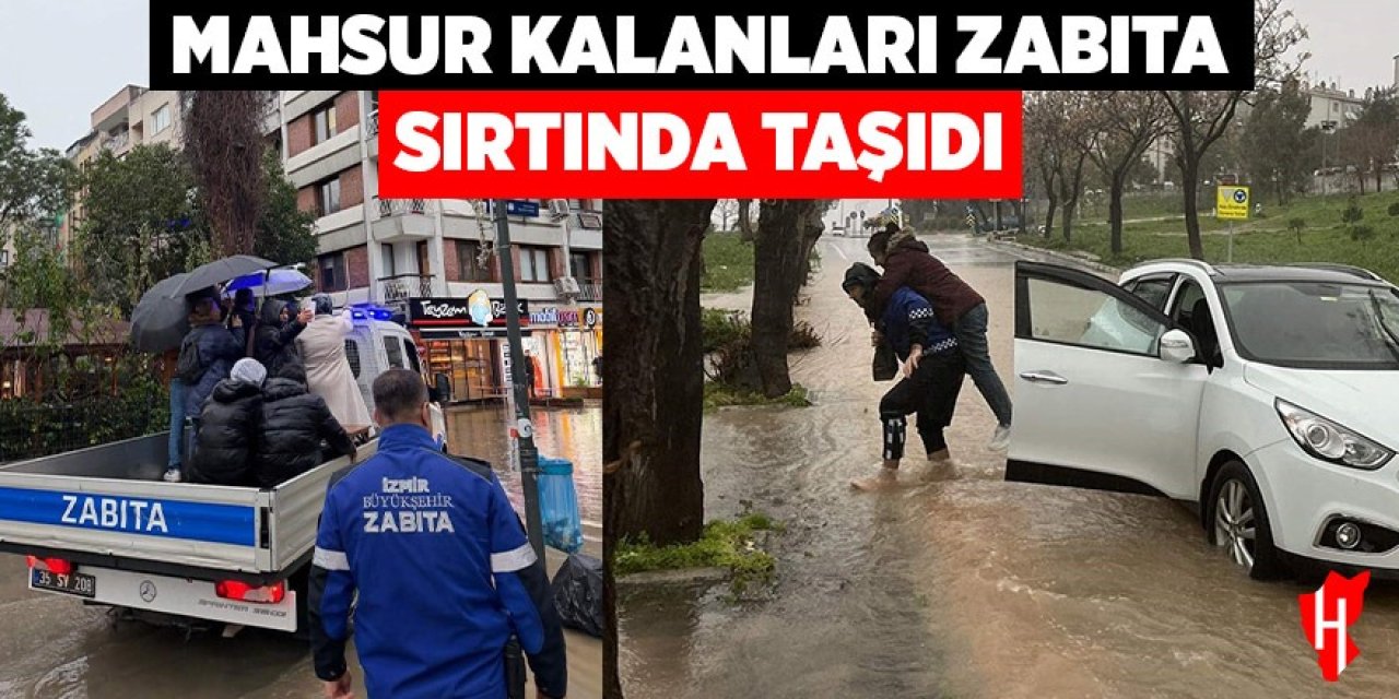 Yollar göle döndü, mahsur kalanları zabıta sırtında taşıdı