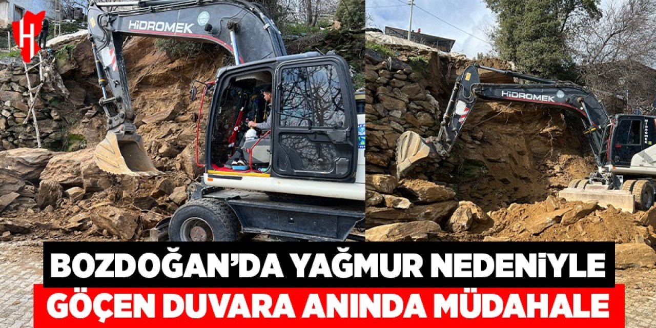 Bozdoğan’da yağmur nedeniyle göçen duvara anında müdahale