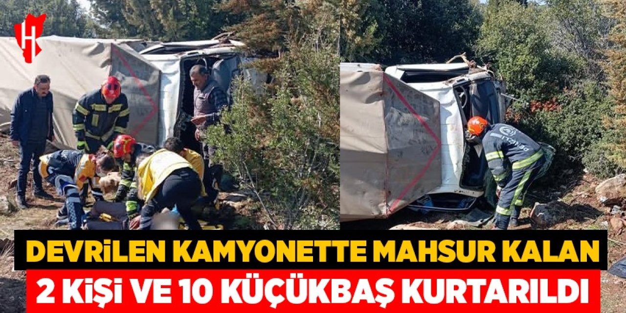 Devrilen kamyonet içerisinde mahsur kalan 2 kişi ve 10 küçükbaş sağ kurtuldu