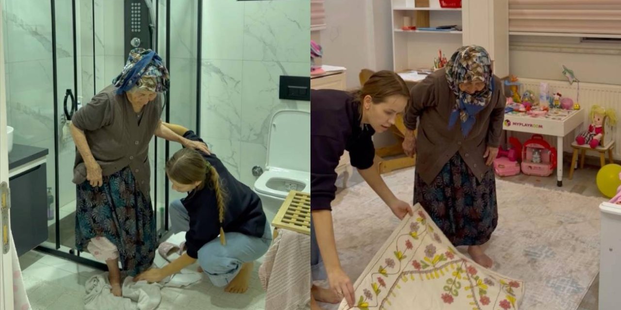 Türk eşinin babaannesine abdest aldırıp seccadesini serdi