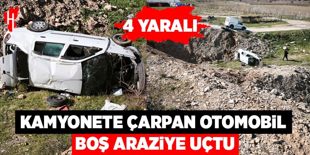 Emniyet şeridindeki kamyonete çarpan otomobil boş araziye uçtu: 4 yaralı