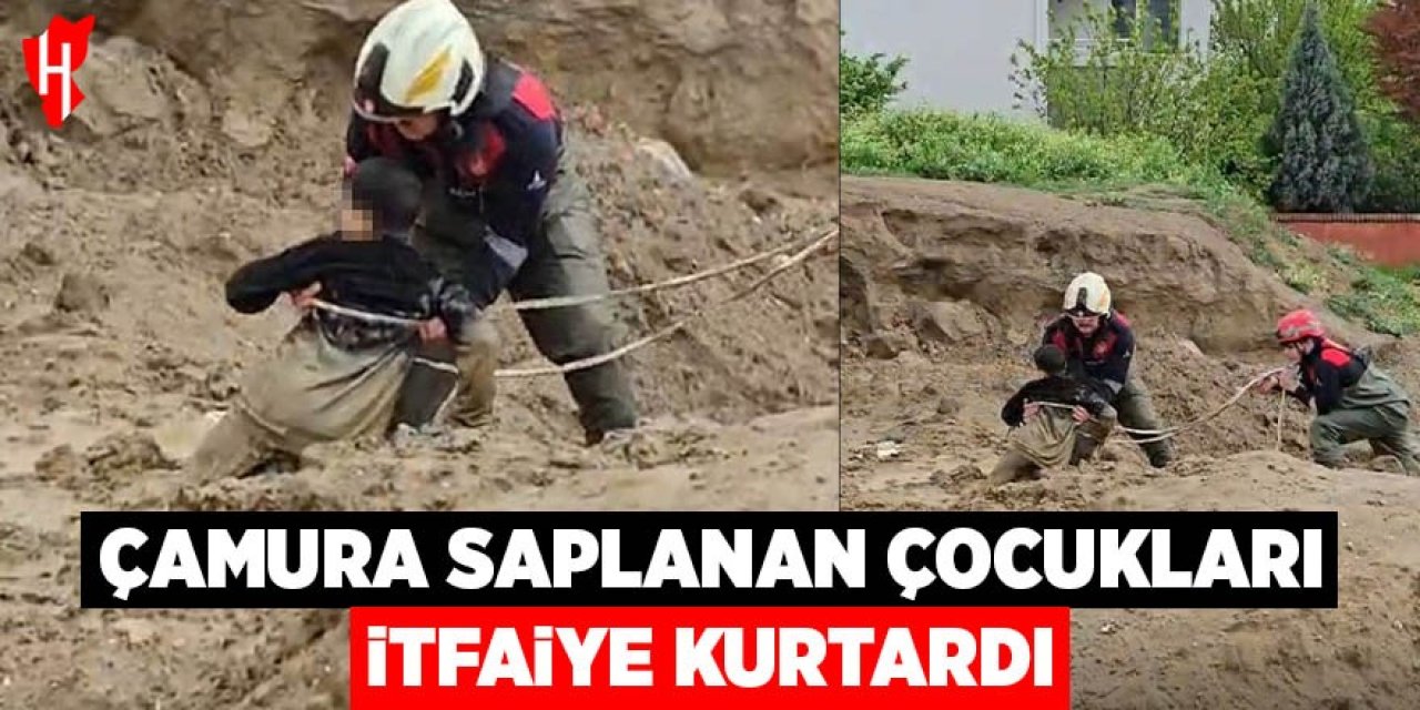 Çamura saplanan çocukları itfaiye kurtardı