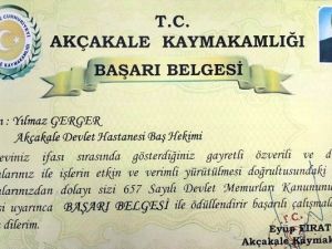 Akçakale Devlet Hastanesi Başhekimine Başarı Belgesi